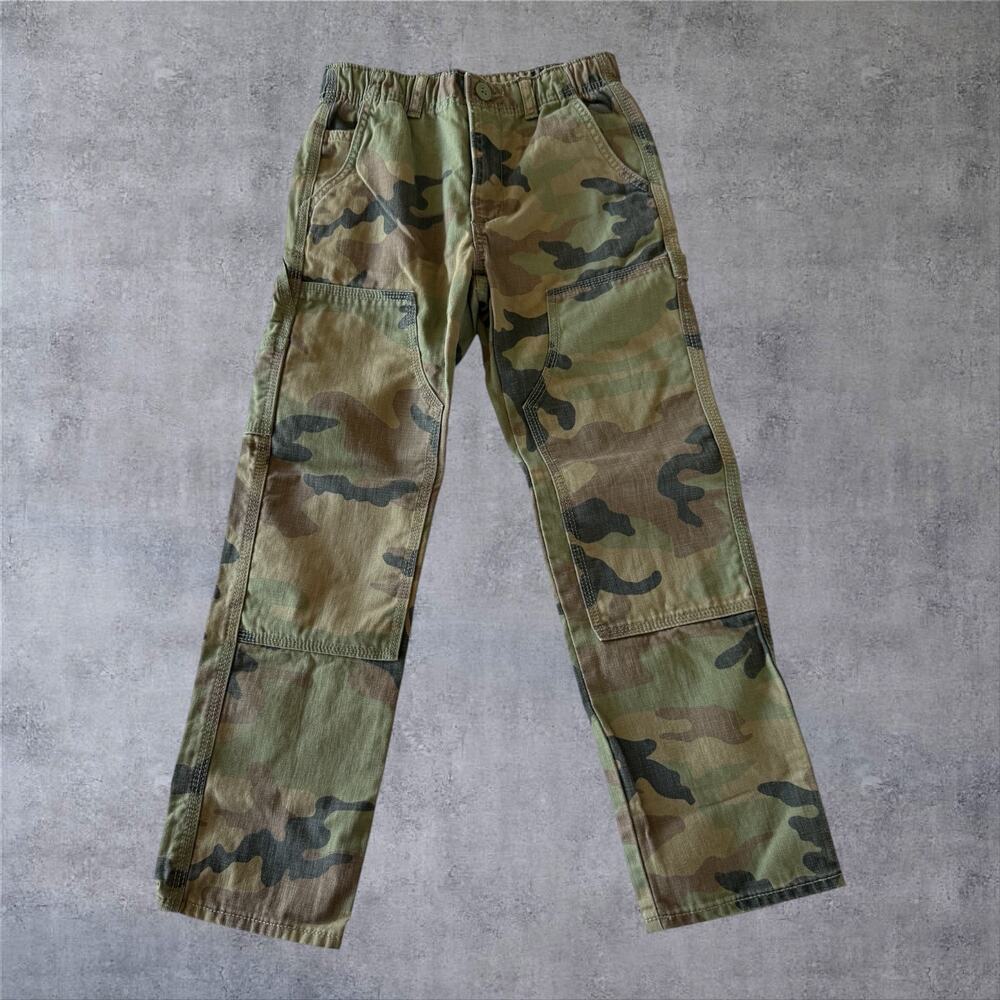 Gap Kids Boys Camo Carpenter Pants Size 8 Medium Double Knee Elastic Waist Green